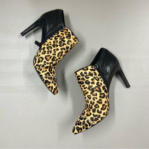 Cole Haan Yasmine Shootie Leopard Print Calf Hair Brown Black Heeled Boot Bootie - Picture 1 of 11